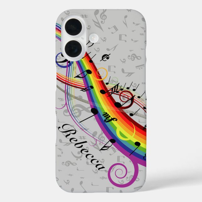 Funda iPhone 16 Notas musicales del arcoiris negro sobre gris (Reverso )