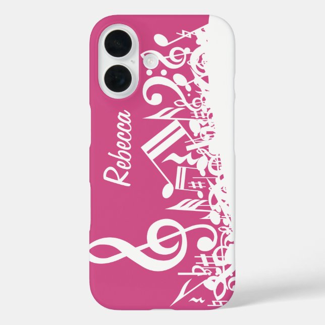 Funda iPhone 16 Notas musicales personalizadas de rosa caliente y  (Reverso )