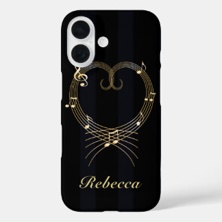 Funda iPhone 16 Notas musicales personalizadas del corazón dorado