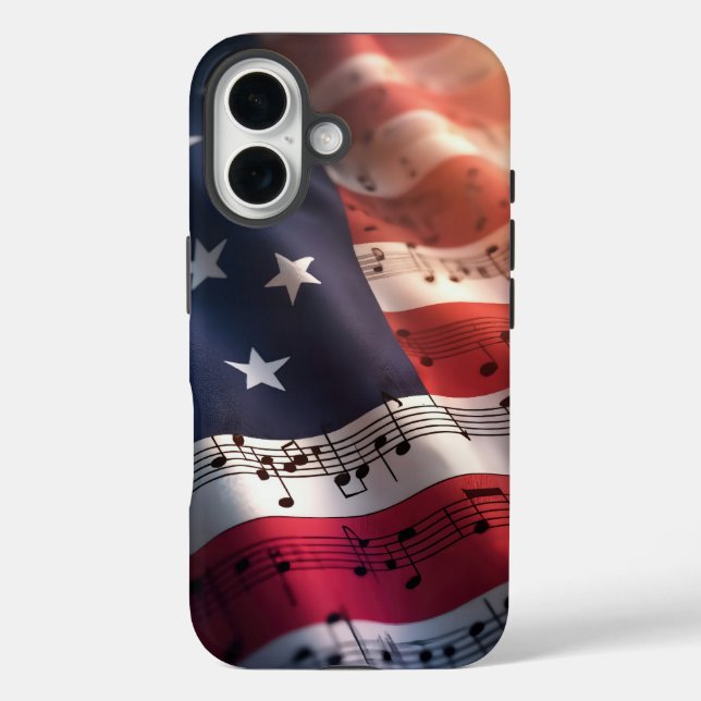 Funda iPhone 16 Notas musicales sobre la bandera estadounidense (Reverso )