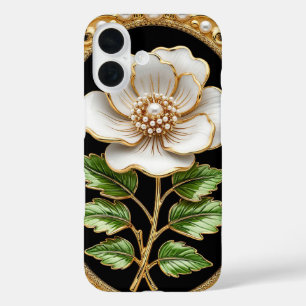 Funda iPhone 16 Obra de arte de flor blanca con oro lujoso