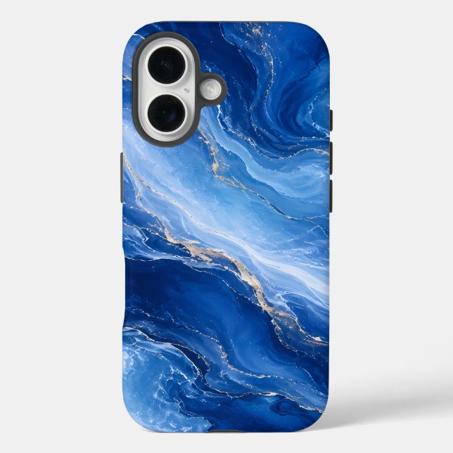 Funda iPhone 16 Olas de mármol azul lujo abstracto (Reverso )