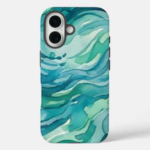 Funda iPhone 16 Olas de océano acuarela azul verdoso