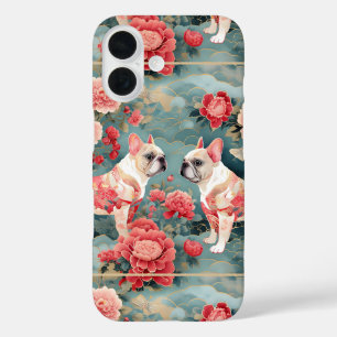 Funda iPhone 16 Ondas de flores rosadas del Bulldog Pastel francés