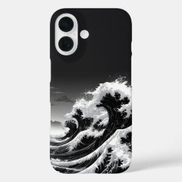Funda iPhone 16 Ondas de tsunami en blanco y negro