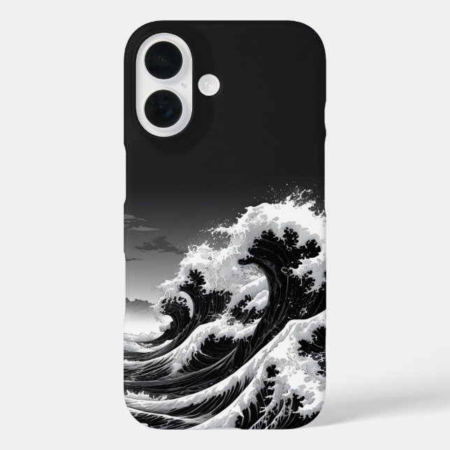 Funda iPhone 16 Ondas de tsunami en blanco y negro (Reverso )