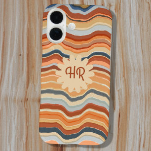 Funda iPhone 16 Onograma Iniciales Rayas Retro Ondas Naranja Azul