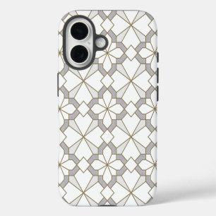 Funda iPhone 16 Ornamento geométrico Patrón tradicional Blanco gri