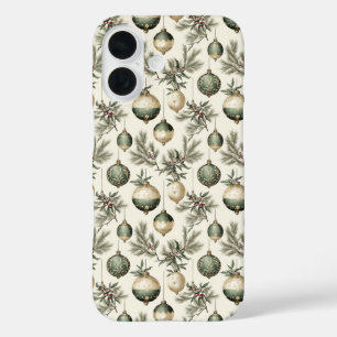 Funda iPhone 16 Ornamentos de Navidad Sage Green y Gold