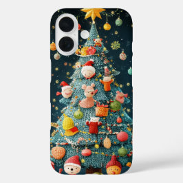 Funda iPhone 16 Ornamentos festivos de árbol de Navidad de punto