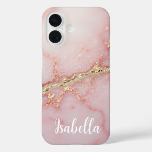 Funda iPhone 16 Oro estiloso de mármol rosa personalizado