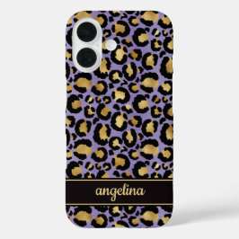 Funda iPhone 16 Oro Laminado Sobre Estampado De Leopardo Morado Mo