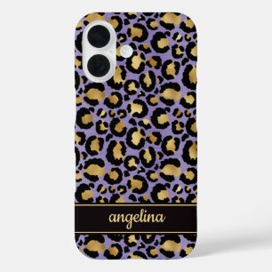 Funda iPhone 16 Oro Laminado Sobre Estampado De Leopardo Morado Mo