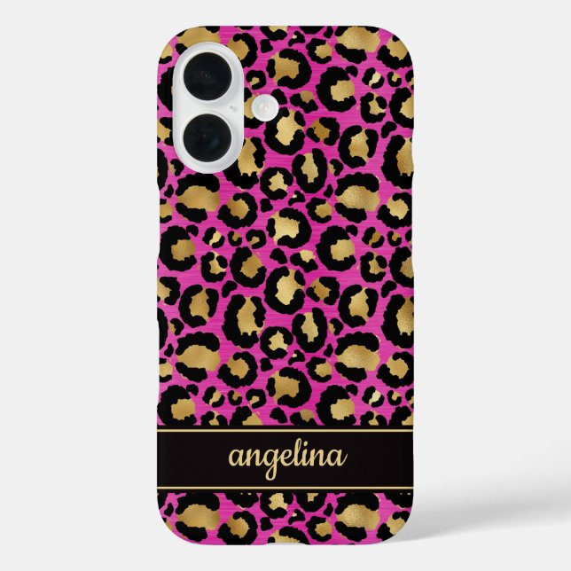 Funda iPhone 16 Oro Laminado Sobre Estampado De Leopardo Rosa Cali (Reverso )
