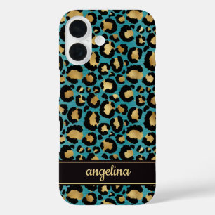 Funda iPhone 16 Oro Laminado Sobre Monograma Impreso De Leopardo E