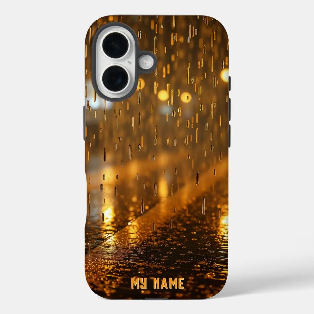 Funda iPhone 16 Oro líquido: Lluvia urbana en Crepúsculo (Reverso )