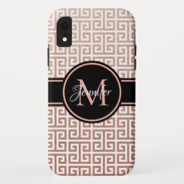 Funda iPhone 16 Oro Rosa y Blanco con Monograma Negro Llave Griega