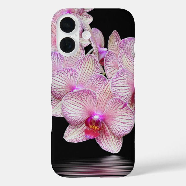 Funda iPhone 16 Orquídeas Rosadas En Negro (Reverso )
