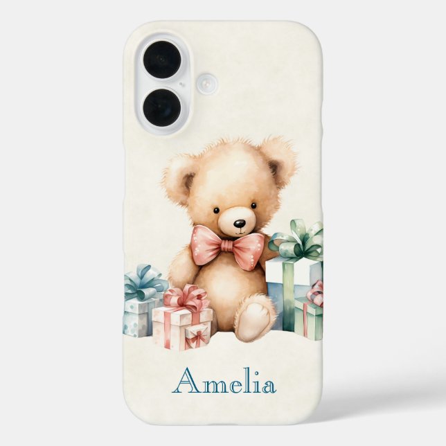 Funda iPhone 16 Oso de peluche con regalo de Navidad (Reverso )