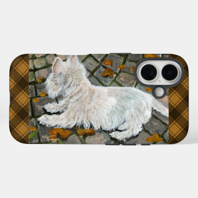 Funda iPhone 16 Otoño deja a Westie en patio (Reverso (Horizontal))