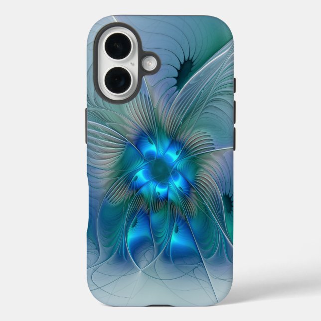 Funda iPhone 16 Ovaciones de pie, fractal azul turquesa abstracto (Reverso )