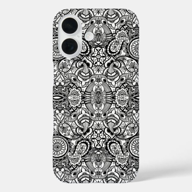 Funda iPhone 16 Paisaje floral blanco y negro (Reverso )
