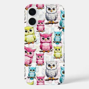 Funda iPhone 16 Pájaros de búho coloridos Patrón de fondo blanco