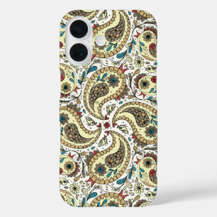 Funda iPhone 16 Pájaros de paisley amarillos/marrones y blancos