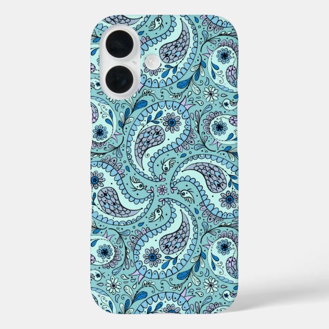 Funda iPhone 16 Pájaros de paisley en azul bebé (Reverso )