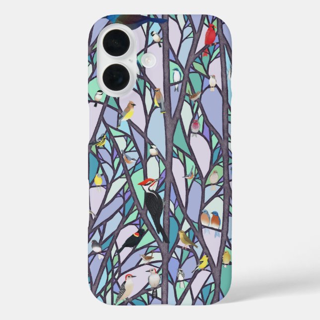 Funda iPhone 16 pájaros en el árbol de vidrio manchado (Reverso )