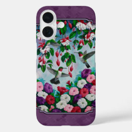 Funda iPhone 16 Pájaros Hummingbirds and Flowers Purple