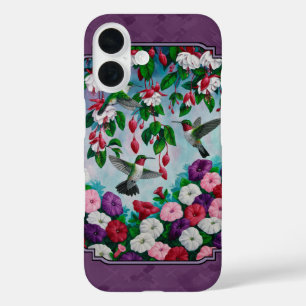 Funda iPhone 16 Pájaros Hummingbirds and Flowers Purple