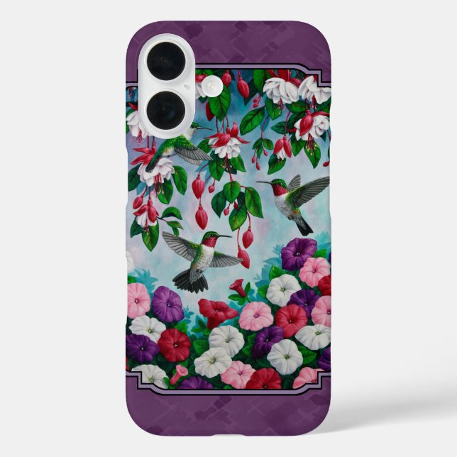 Funda iPhone 16 Pájaros Hummingbirds and Flowers Purple (Reverso )