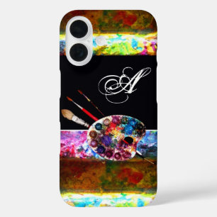 Funda iPhone 16 PALETTE DE COLOR ARTISTA Y BRUSHES MONOGRAM Negro
