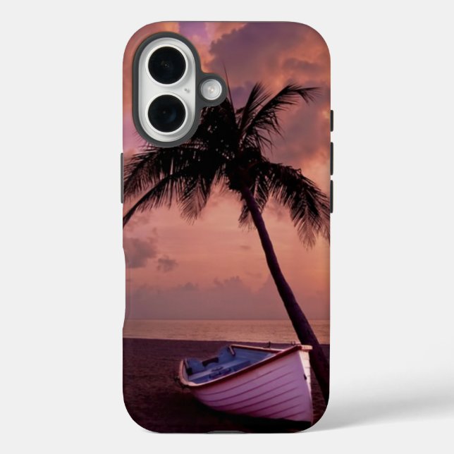 Funda iPhone 16 Palm Tree y Bote Beach Sunset (Reverso )
