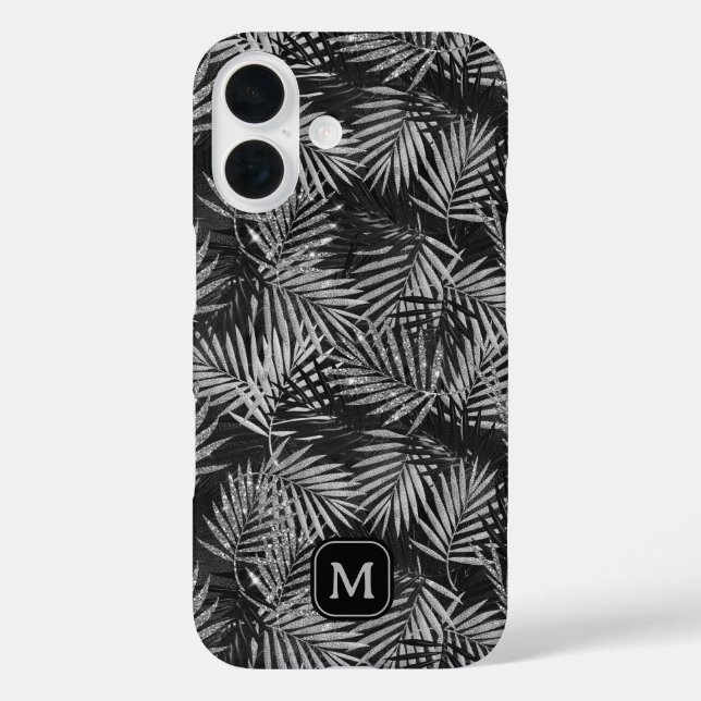 Funda iPhone 16 Palmera de purpurina plateada Monograma moderno ne (Reverso )