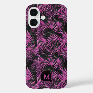 Funda iPhone 16 Palmera de purpurina rosa monograma moderno negro