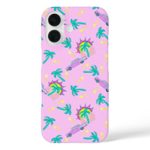 palmeras retro rosadas y coche