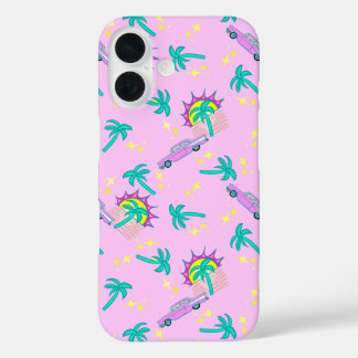 Funda iPhone 16 palmeras retro rosadas y coche