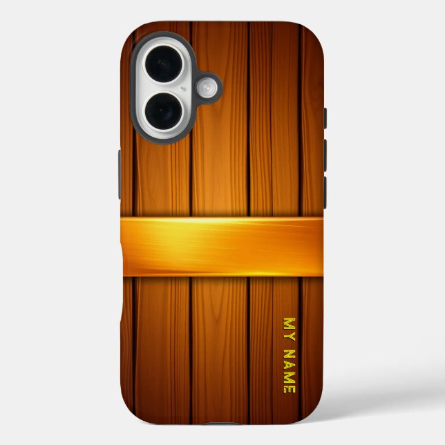 Funda iPhone 16 Panel de madera con acento dorado (Reverso )