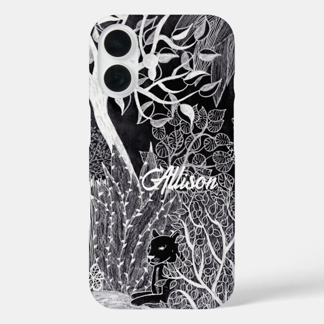 Funda iPhone 16 Pantera negra en la jungla - dibujo a lápiz (Reverso )