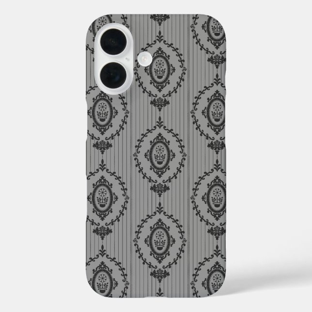 Funda iPhone 16 Papel pintado barroco gris (Reverso )