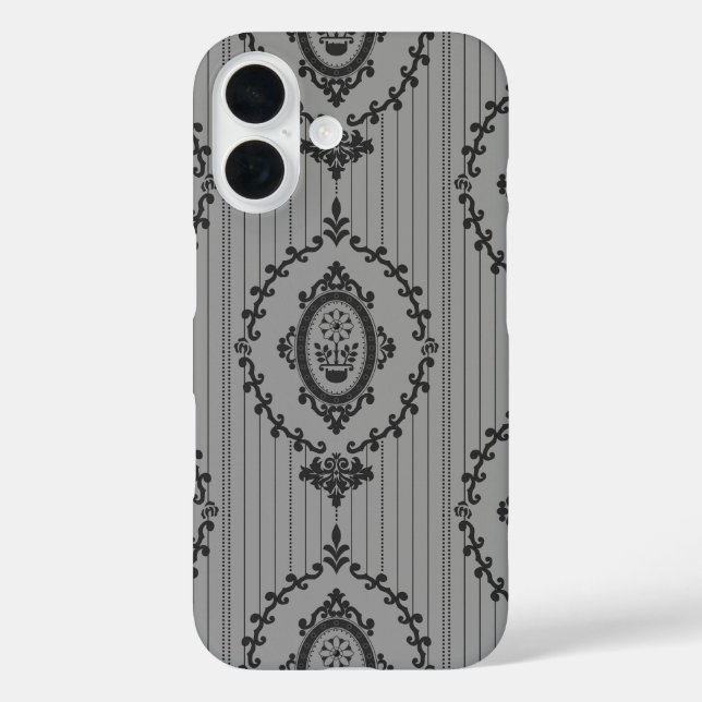 Funda iPhone 16 Papel pintado barroco gris (Reverso )