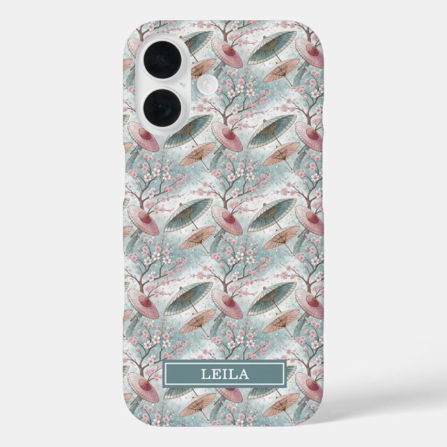 Funda iPhone 16 Paraguas Japonés Sakura con Patrón Monogramado (Reverso )