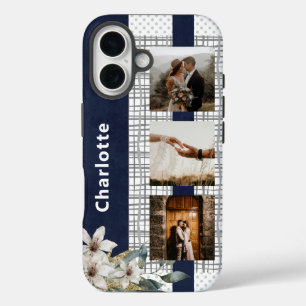 Funda iPhone 16 Pareja Aniversario Foto Floral Azul Nombre 3
