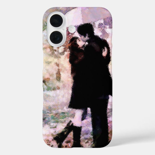 Funda iPhone 16 Pareja romántica en el amor besándose en la lluvia (Reverso )