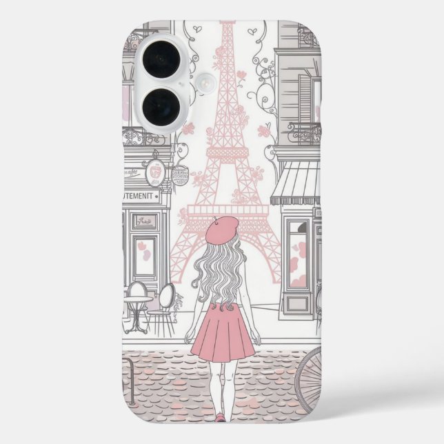Funda iPhone 16 Parisian Girl  – Cute Eiffel Tower & Café Street  (Reverso )