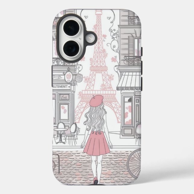 Funda iPhone 16 Parisian Girl  – Cute Eiffel Tower & Café Street  (Reverso )