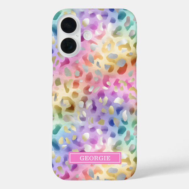Funda iPhone 16 Pastel Iridescent Leopard Print Monogrammed (Reverso )