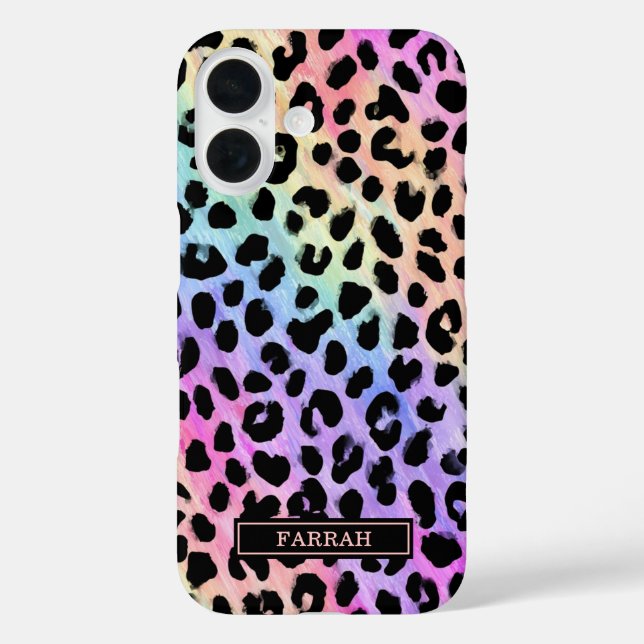 Funda iPhone 16 Pastel Rainbow Leopard Print Monogrammed (Reverso )